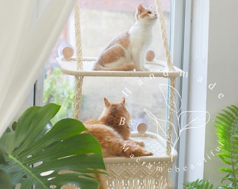 Cat window perch Window cat seat Macrame cat hammock Cat window shelf Hanging cat bed Cat lover gifts, Modern cat furniture, Cat tower