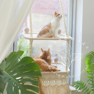 Cat window perch Window cat seat Macrame cat hammock Cat window shelf Hanging cat bed Cat lover gifts, Modern cat furniture, Cat tower