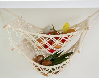 Macrame fruit hammock under cabinet 2 tier hanging fruit basket Fruit hanger Boho kitchen storage Produce storage obstkorb hngend