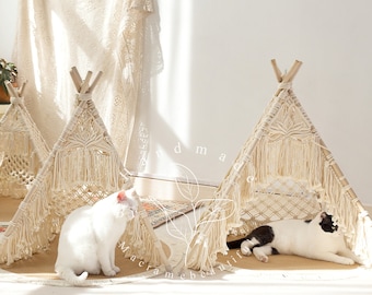 Macrame pet teepee with mat Handmade cat tent Wooden dog house Boho cat bed Macrame pet furniture, Baby Photo Backdrop, Gifts for pets