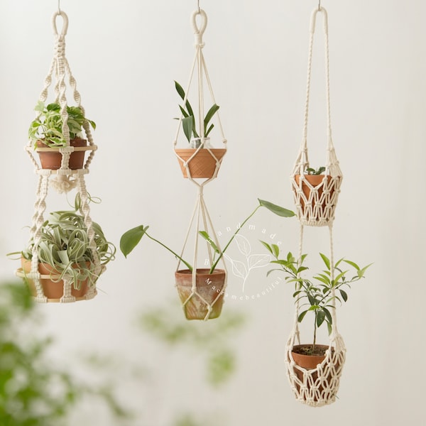 Double macrame plant hanger no tassel hanging planter indoor Rope Wall planter hanging plant holder Plant lover gifts boho decor