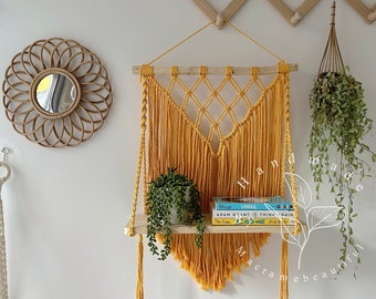 Hanging shelf Macrame wall shelf Rope plant shelf Large swing shelf Rustic kitchen shelf Decorative wood shelf, Farmhouse boho nursery