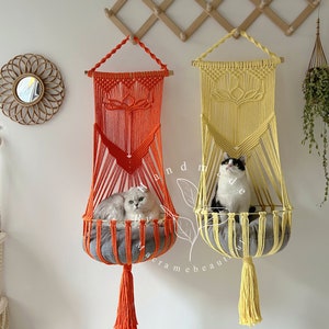 Boho Macrame Cat Hammock Hanging Cat Bed and Tree Pet Wall Furniture Crochet Cat Supplies Perfect Cat Lover Gift and Pet Gift Idea Orange