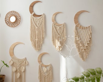 Macrame maan muur opknoping Halve maan muur decor Houten maan muur kunst Maan dreamcatcher Boho kinderdagverblijf decor Cadeaus voor haar Cadeaus voor moeder