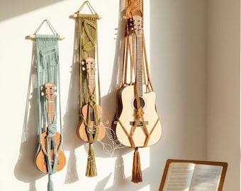 Macramé gitaarhanger, muurhanger ukelele, muurhanger instrument, muurbevestiging gitaardisplay, decor bohomuziekkamer, cadeaus voor hem