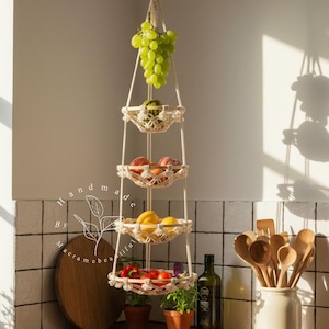 Cesto portafrutta sospeso a 5 ripiani con gancio per banane Amaca per frutta in macramè sottopensile obstkorb hängend Conservazione prodotti Cesto portacipolle intrecciato