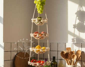 5 Tier Hanging fruit basket with banana hanger Macrame fruit hammock under cabinet obstkorb hängend Produce storage Woven Onion Basket