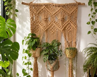 Triple Macrame Plant Hanger Wall Hanging, Boho Living Wall Decor, Woven Tapestry, Indoor Garden Wall Art, Hanging Planter, Plant Lover Gifts
