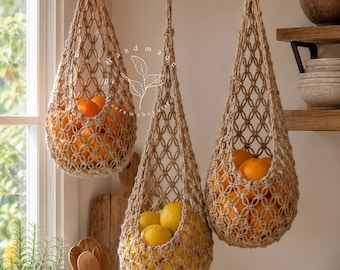 Macrame Hanging Fruit Basket Boho Kitchen Storage Jute Produce Hammock Hanging Organizer Macrame Plant hanger Farmhouse Rustic Kitchen Decor