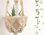Macrame plant hanger, small wall planter indoor outdoor, wall hangings, rope crochet ceiling mini plant holder vintage 1970s boho beaded