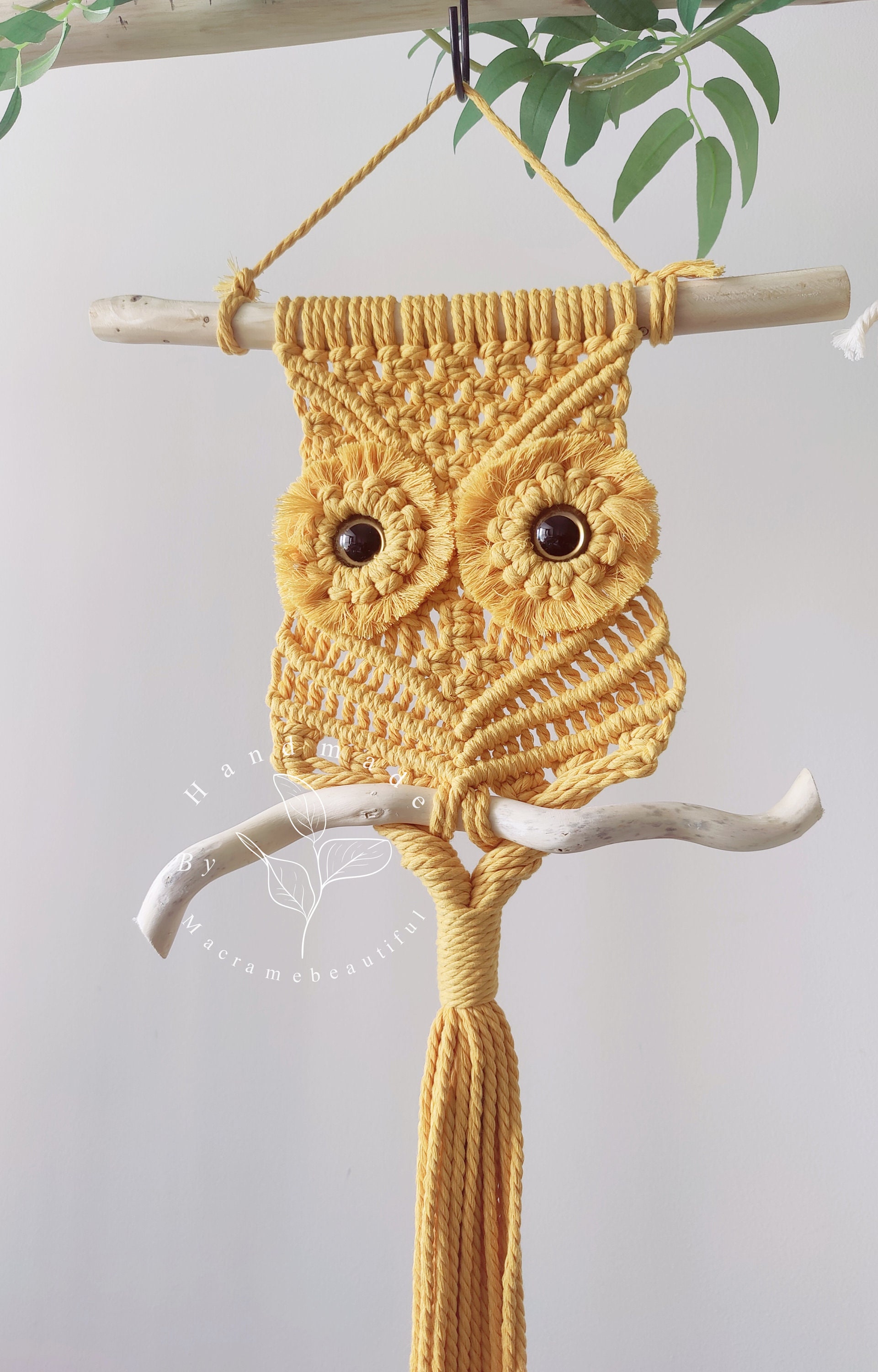 Vintage Boho Macrame Owl Hanging 70's Brown Oven Mitt Yarn 7.5