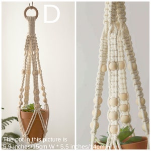 Detailed close-up of a macrame plant hanger with wooden beads created by Macramebeautiful, holding a terracotta pot, showcasing the texture and craftsmanship of the piece