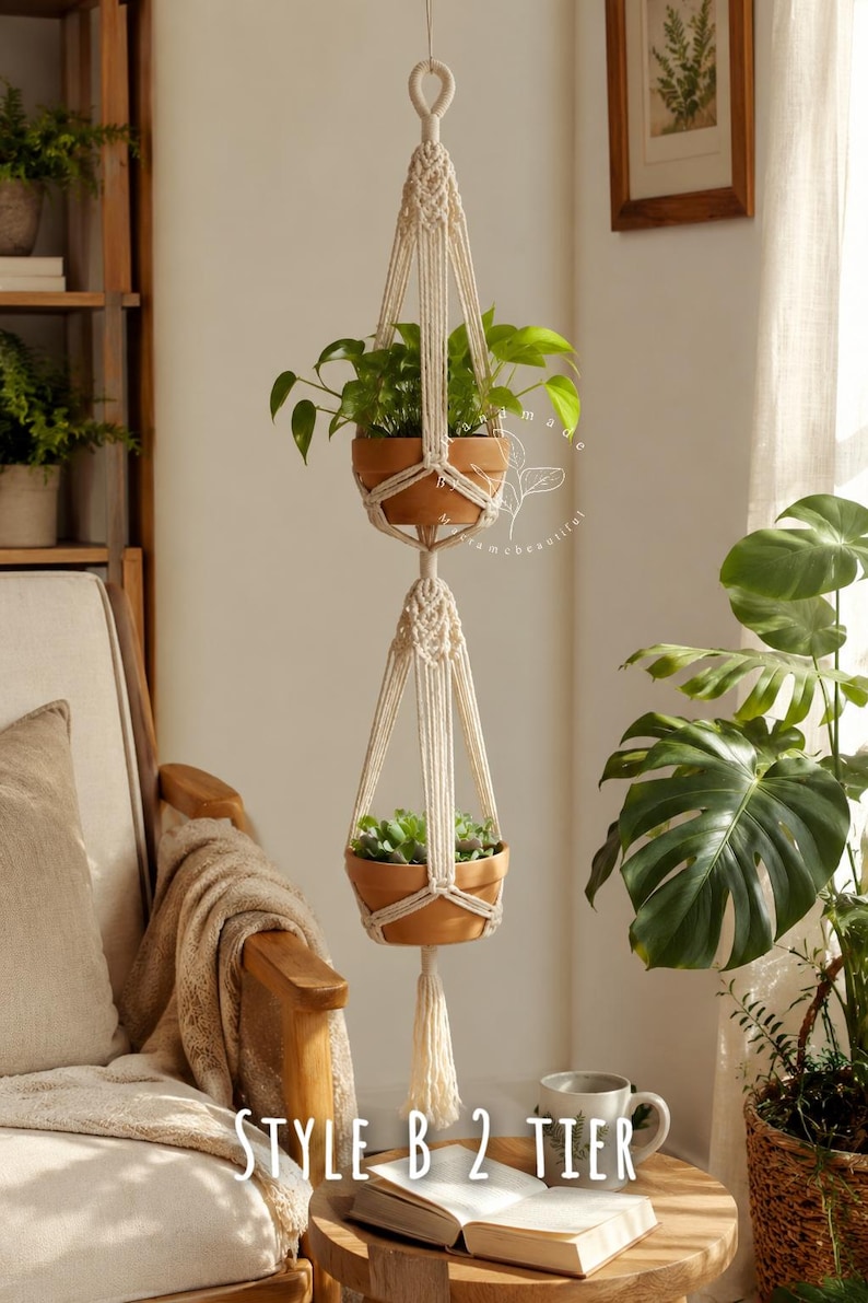 Macrame plant hanger Large hanging planter Indoor garden decor Double plant hanger Macrame planter Rope plant hanger, Plant lover gift 2 Tier Style B