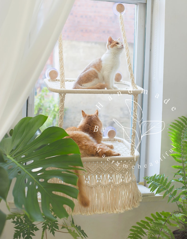 Cat window perch Window cat seat Macrame cat hammock Cat window shelf Hanging cat bed Cat lover gifts, Modern cat furniture, Cat tower image 1