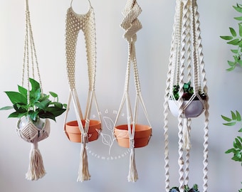 May include: Four handmade macrame plant hangers in varying designs. Two terracotta pots and two white ceramic pots hold plants. The hangers are suspended from metal hooks and feature intricate knotting patterns, with a natural, off-white color.