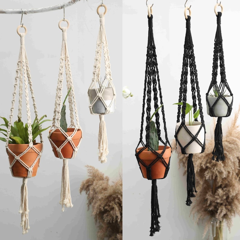 Black Macrame Plant Hanger Rope Hanging Planter for Indoor Plants Crochet Ceiling or Window Planter Pot Holder Simple Boho Plant lover gifts imagem 1