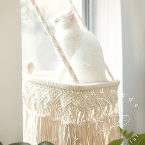 Cat window perch Window cat seat Macrame cat hammock Cat window shelf Hanging cat bed Cat lover gifts, Modern cat furniture, Cat tower image 4