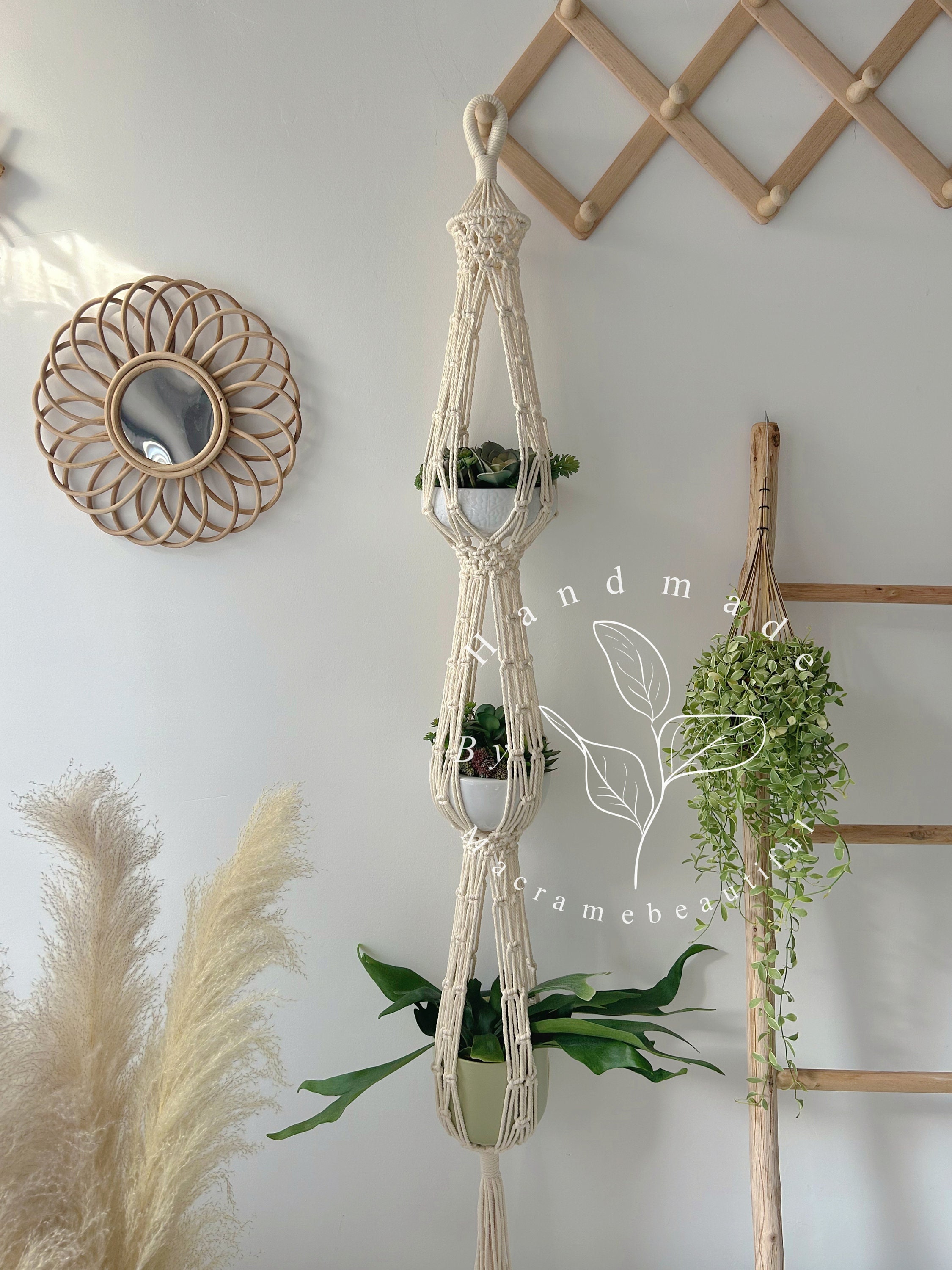HOJIOESRD Gift Choice Macrame Plant Hanger Set For Home Decor Wood Boho Macrame Plant Hanging Planters Indoor Materials, Electroplated Gold
