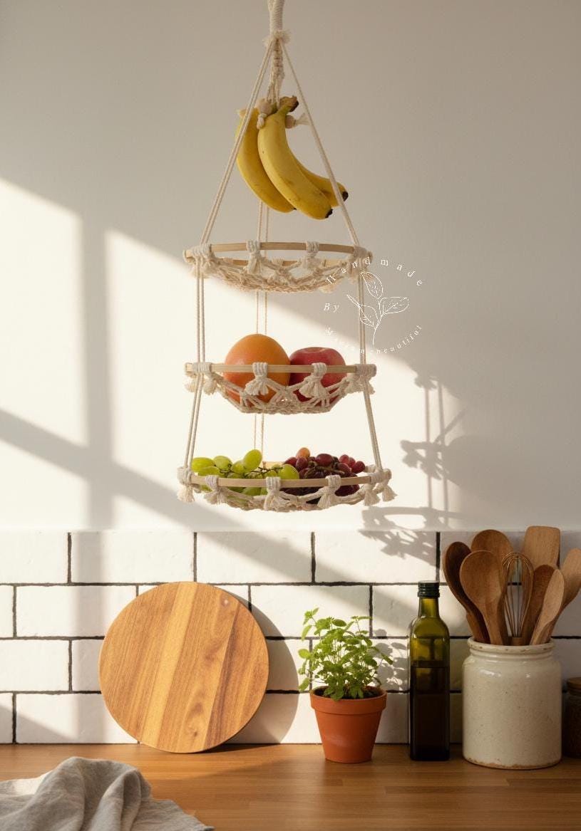 Naemriee Amaca Appesa di Frutta e Verdura per la Cucina l' 15.7 Pollici Macramé Cestino di Frutta Porta Banana Appendiabiti Stoccaggio di Frutta