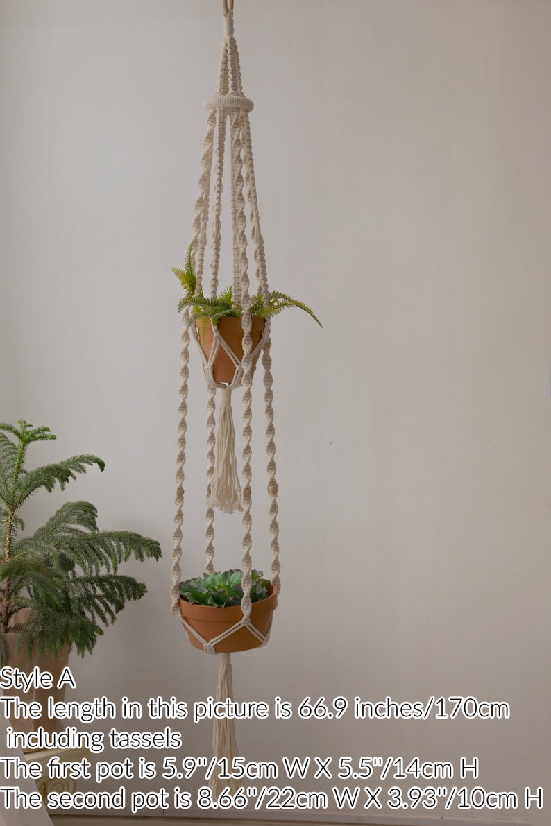 Style A macrame plant hanger featuring intricate knotting with tassels, holds two terra cotta pots with lush ferns and succulents, designed to enhance interior spaces with vertical greenery