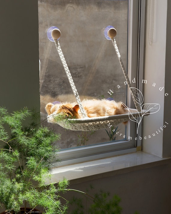 Comfy Cat Window Perch Macrame Cat Hammock for Wall or Window 2 Sizes 19 Colors Available Modern Cat Furniture Boho Cat Lover Gift