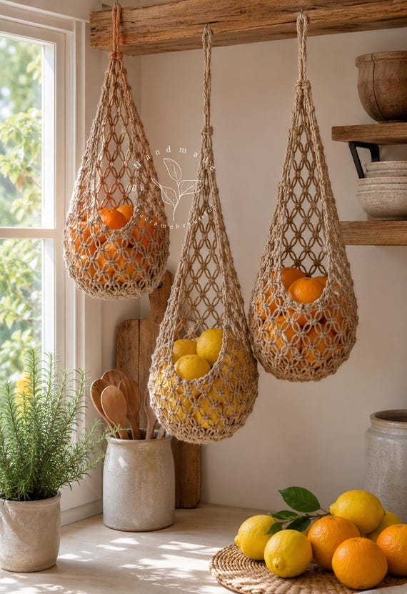 Makramee hängender Obstkorb Boho Küche Lagerung Jute Produce Hängematte hängenden Organizer Makramee Pflanzenhänger Bauernhaus rustikale Küche Dekor