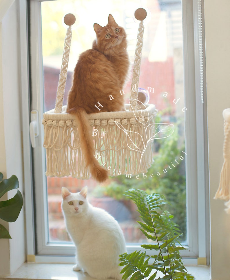 Katzenfensterstange Makramee-Katzenhängematte Fensterkatzensitz Fenstermontiertes Katzenbett Schwimmende Katzenregale Geschenke für Katzenliebhaber, Moderne Katzenmöbel Bild 4