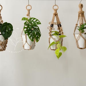 Handcrafted jute macramé plant hangers with wooden rings, featuring four distinct knot patterns suspending white ceramic pots filled with lush green pothos and monstera vines—boho-chic indoor décor perfect for hanging planters, windowsills, balconies.