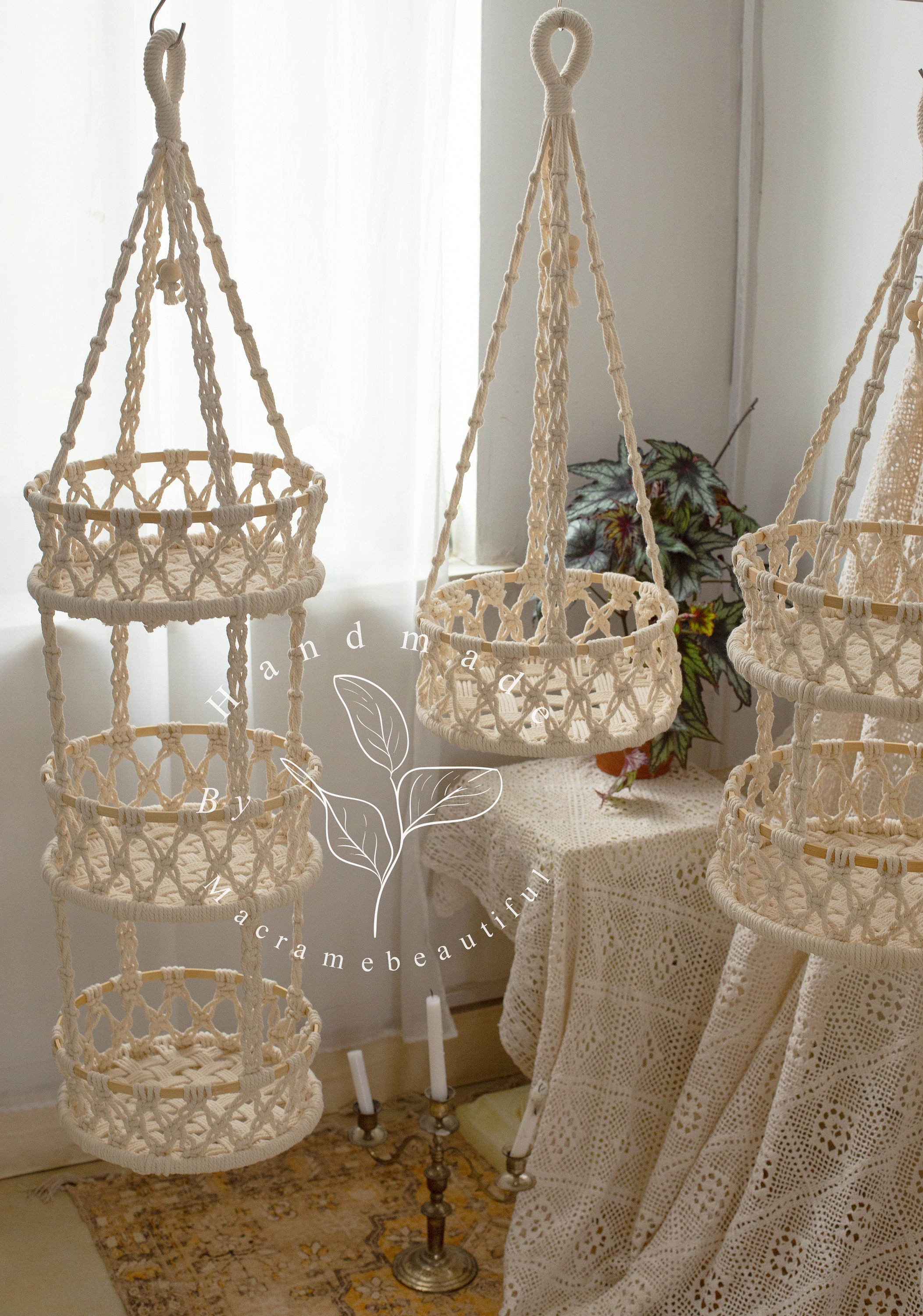 OKUMEYR Cotton Banana Hanger - 2 Pack Boho Fruit Holder For Kitchen Decor, Banana Rack, Veggie Hook - Natural Beige Rope