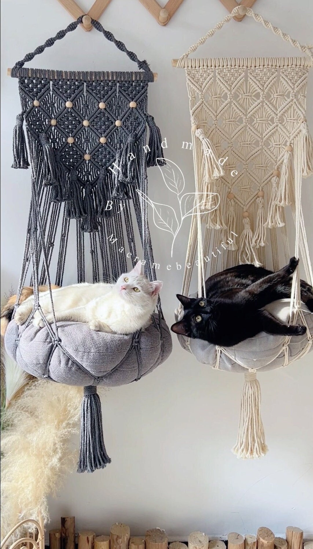 マクラメ編みの猫用ハンモック、吊り下げ式猫用ベッド、猫用