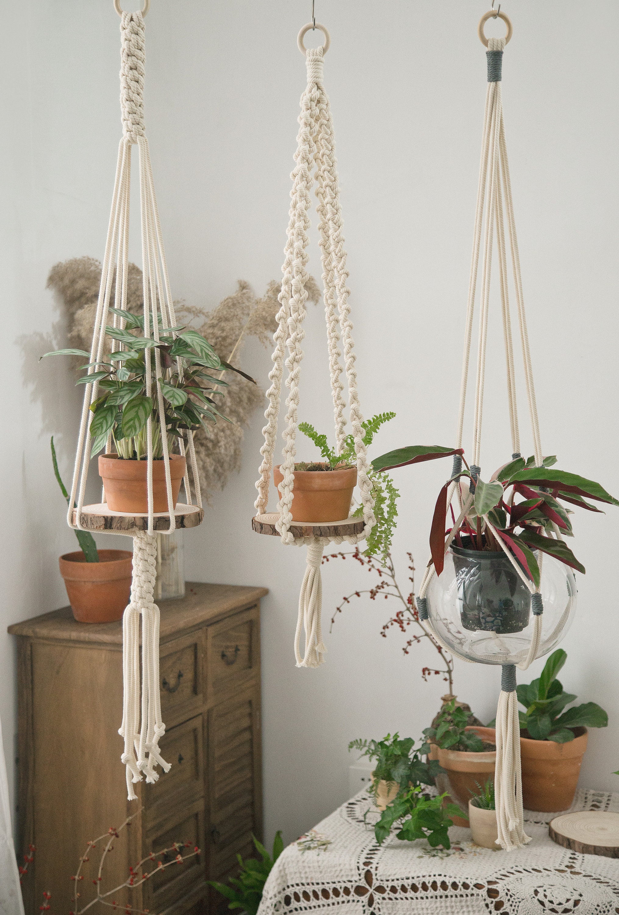 Macrame Wall Hanging Shelf Wood Floating Planter Storage Hanger