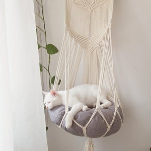 Macrame cat hammock Cat tree Hanging cat bed Pet wall furniture Boho cat swing Cute crochet cat supplies, Cat lover gifts, Pets gifts No 40cm metal ring