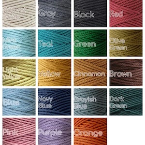 Macrame cord color options for custom plant hanger, showcasing 16 swatches: Natural White, Gray, Black, Red, Mint Green, Teal, Green, Olive Green, Light Yellow, Yellow, Cinnamon, Brown, Blue, Navy Blue, Grayish Blue, Dark Green, Pink, Purple, Orange