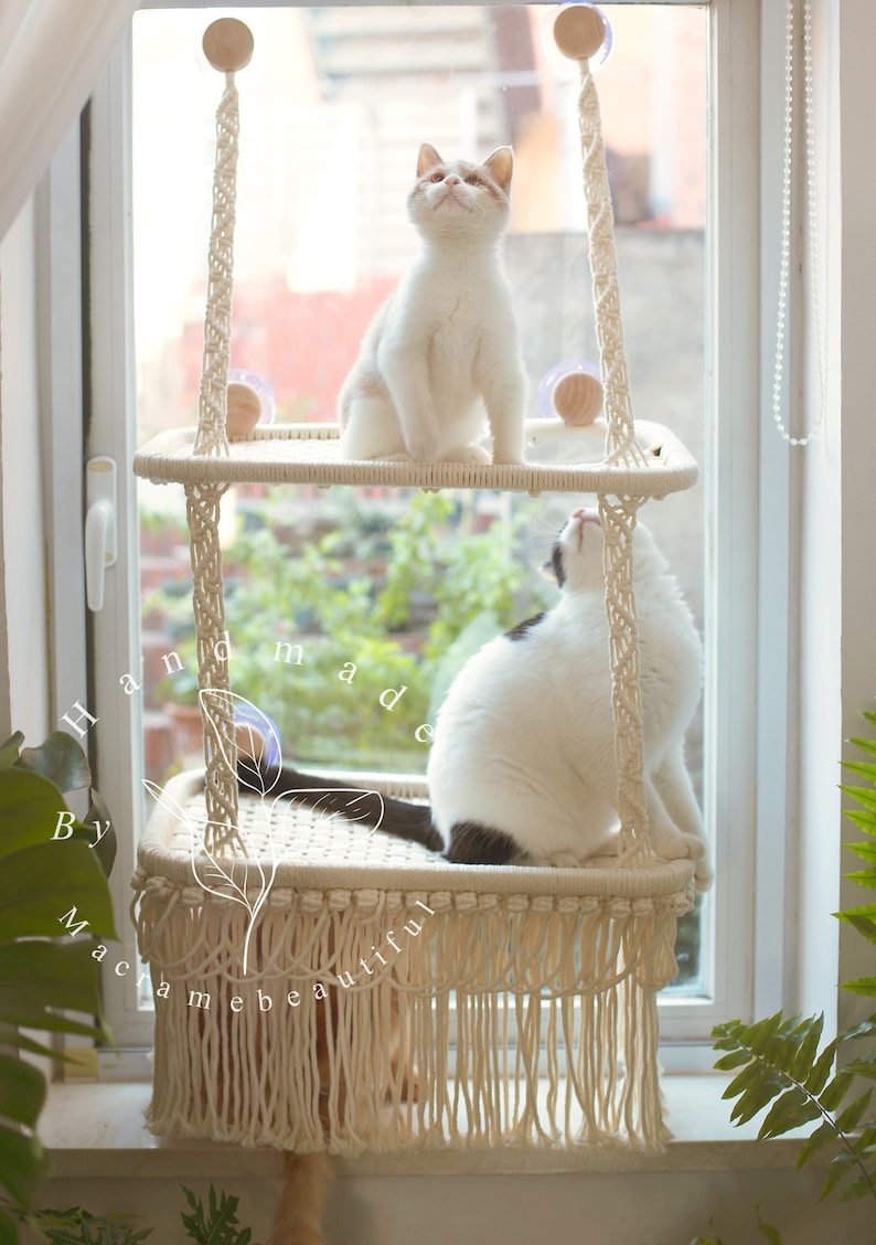 Katzenfensterstange Makramee-Katzenhängematte Fensterkatzensitz Fenstermontiertes Katzenbett Schwimmende Katzenregale Geschenke für Katzenliebhaber, Moderne Katzenmöbel Bild 7