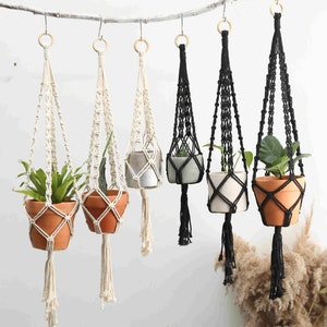 Black Macrame Plant Hanger Rope Hanging Planter for Indoor Plants Crochet Ceiling or Window Planter Pot Holder Simple Boho Plant lover gifts image 9