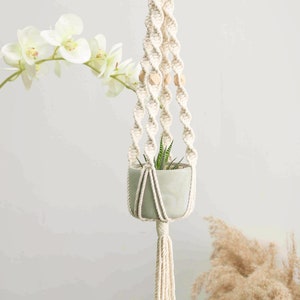 Handcrafted macrame plant hanger labeled A, featuring intricate spiral knotting and wooden bead accents, suspending a pale green ceramic pot with a small succulent, blending elegance and nature.