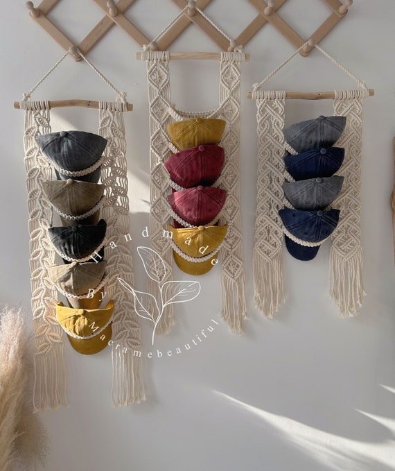 Percha de macrame para gorras de beisbol Soporte para sombreros de macrame Organizador de gorras Almacenamiento de gorras Perchero para gorras de macrame Soporte para sombreros para pared Decoracion