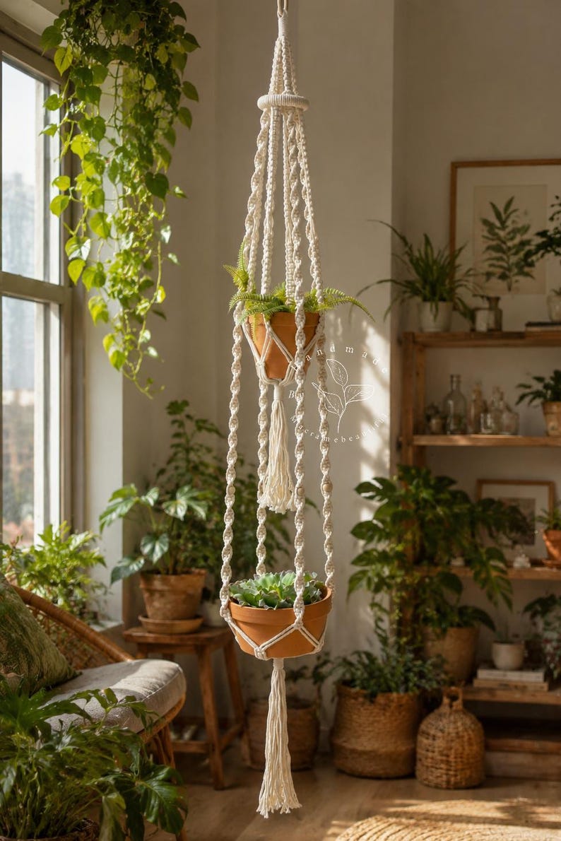 Macrame plant hanger Large hanging planter Indoor garden decor Double plant hanger Macrame planter Rope plant hanger, Plant lover gift image 4