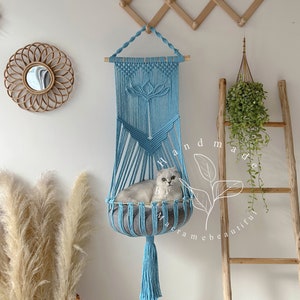 Boho Macrame Cat Hammock Hanging Cat Bed and Tree Pet Wall Furniture Crochet Cat Supplies Perfect Cat Lover Gift and Pet Gift Idea Blue