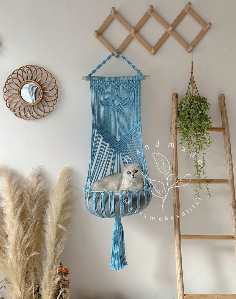 Boho Macrame Cat Hammock Hanging Cat Bed and Tree Pet Wall Furniture Crochet Cat Supplies Perfect Cat Lover Gift and Pet Gift Idea Blue