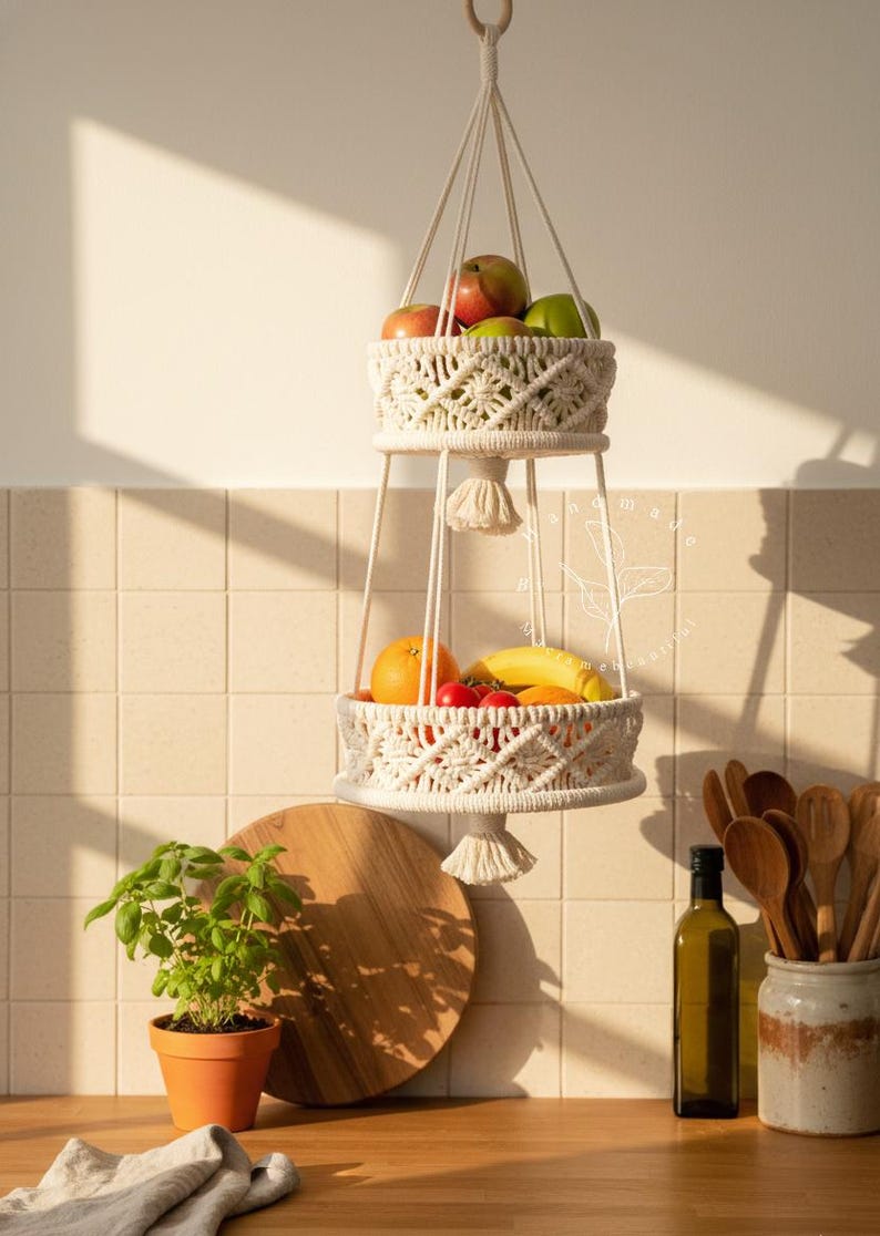Handmade 2-tier macrame fruit basket hanging in a bright kitchen, woven cotton shelves holding apples, bananas, oranges, and tomatoes, boho farmhouse decor for organized countertop storage and natural kitchen styling