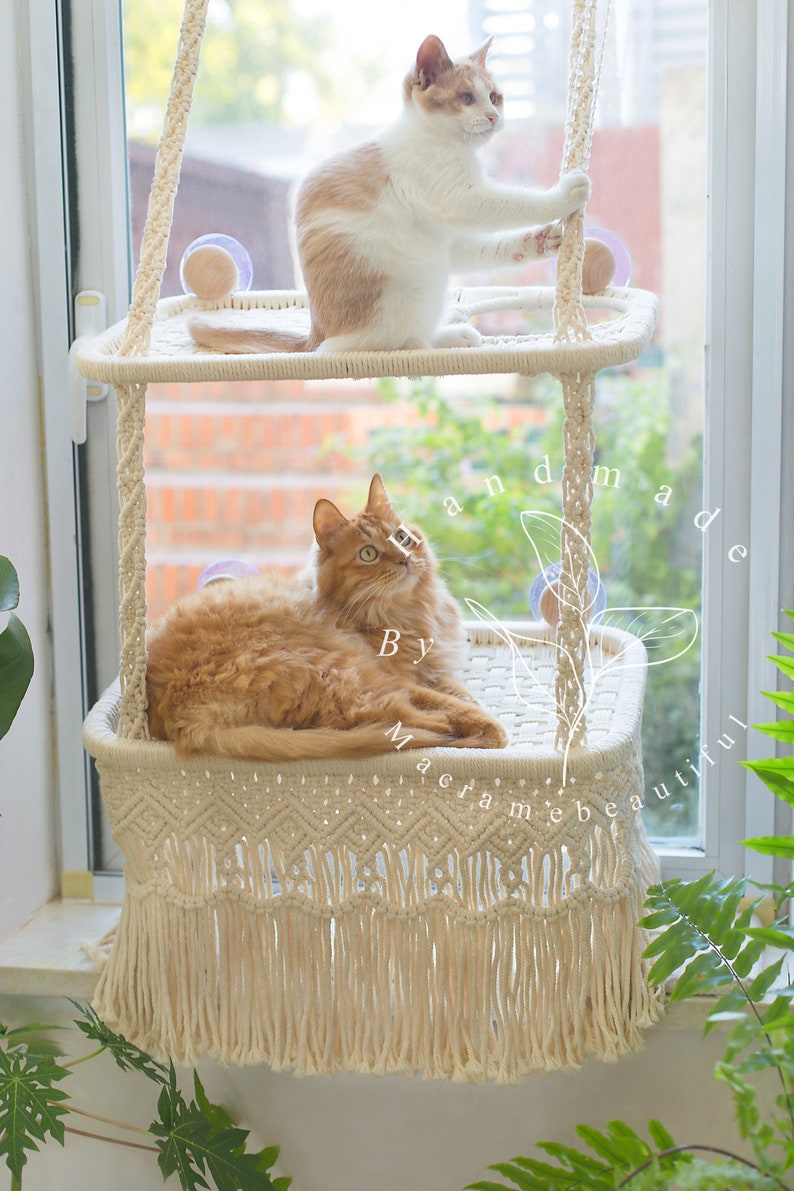 Cat window perch Window cat seat Macrame cat hammock Cat window shelf Hanging cat bed Cat lover gifts, Modern cat furniture, Cat tower image 2