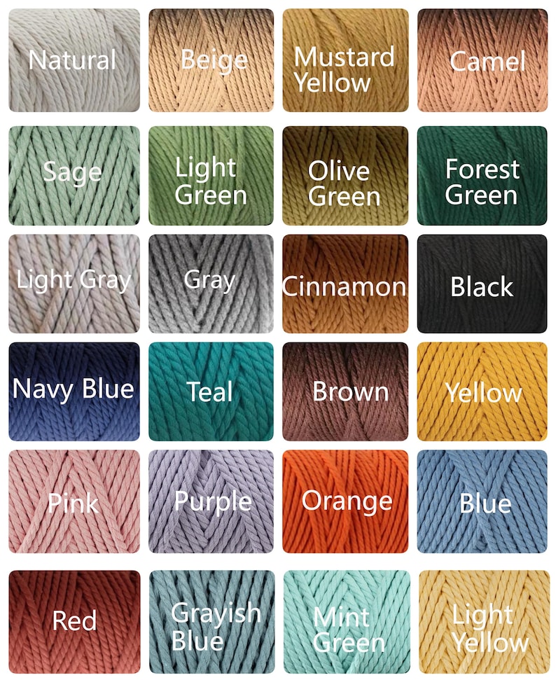 May include: A color chart featuring various shades of macrame cord. Colors include Natural, Beige, Mustard Yellow, Camel, Sage, Light Green, Olive Green, Forest Green, Light Gray, Gray, Cinnamon, Black, Navy Blue, Teal, Brown, Yellow, Pink, Purple, Orange, Blue, Red, Grayish Blue, Mint Green, and Light Yellow.