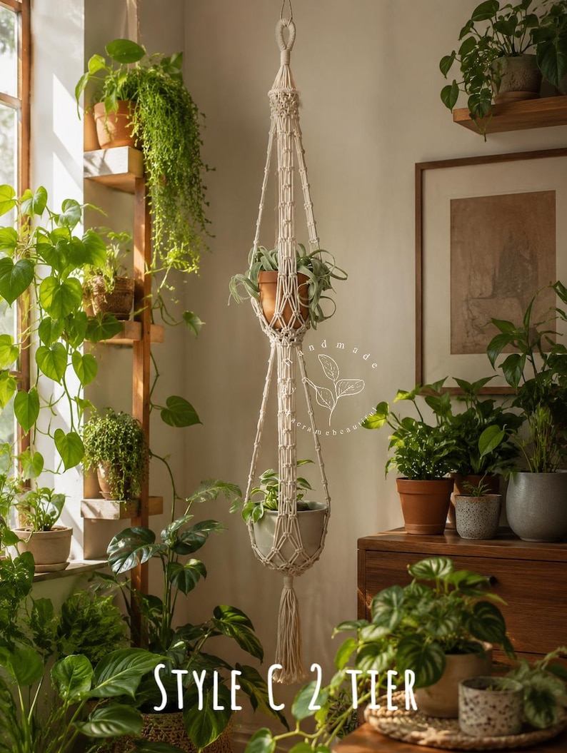 Macrame plant hanger Large hanging planter Indoor garden decor Double plant hanger Macrame planter Rope plant hanger, Plant lover gift 2 Tier Style C