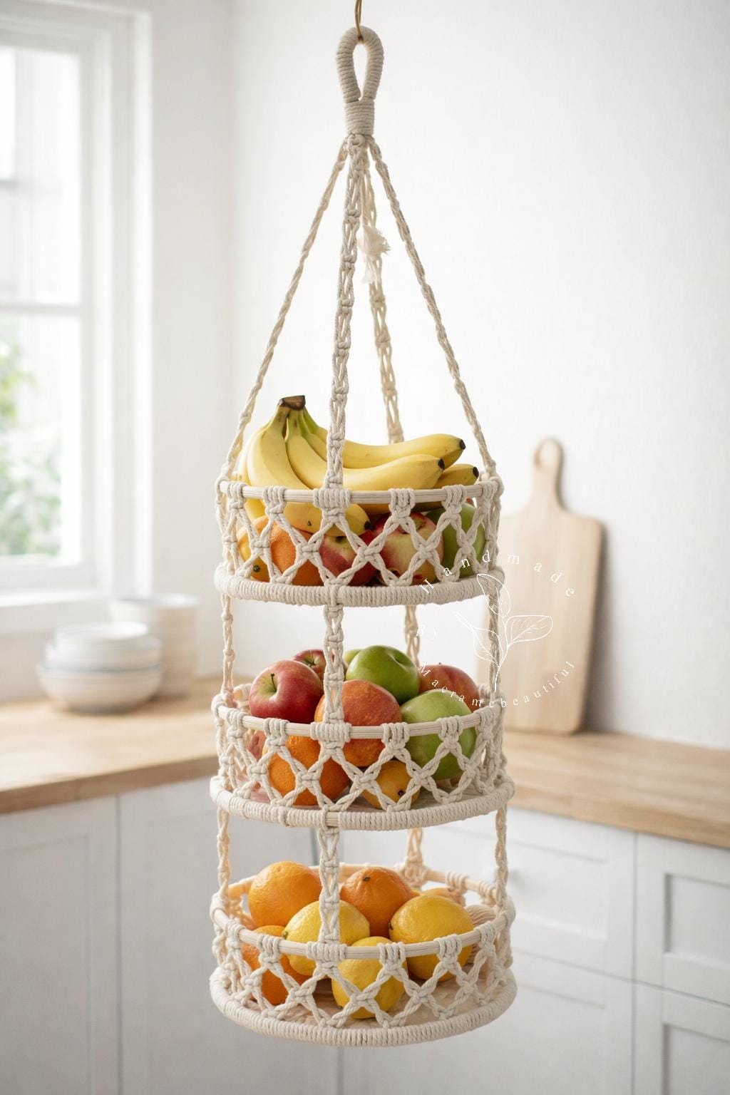 Macrame fruit basket with Banana hanger Hanging fruit basket with Banana holder Boho kitchen Storage basket Obstkorb hängend Gifts for mom