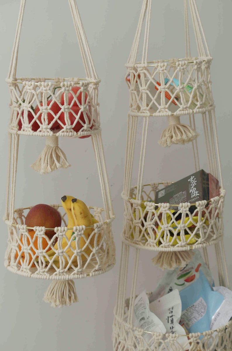 Hanging fruit basket Fruit hammock Macrame hanging basket Produce storage Rope plant hanger Toy storage, obstkorb hängend, Boho kitchen image 8