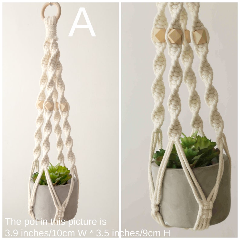 Style 'A' macrame plant hanger with a unique spiral design and geometric wooden beads, created by Macramebeautiful, displaying a small potted succulent against a neutral backdrop