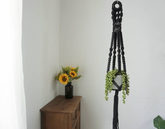 Black Macrame Plant Hanger Macrame Wall Planter Indoor Etsy