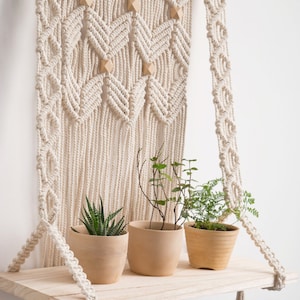 Hanging shelf Macrame wall shelf Rope plant shelf Large swing shelf Rustic kitchen shelf Wood shelf, Farmhouse boho nursery, Gifts for her image 3