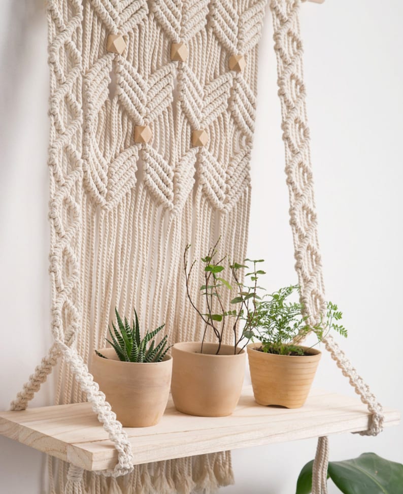 Hanging shelf Macrame wall shelf Rope plant shelf Large swing shelf Rustic kitchen shelf Wood shelf, Farmhouse boho nursery, Gifts for her image 3